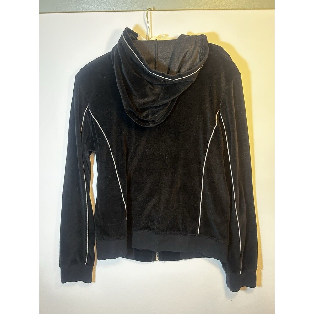 Fila Black Velour Zip Up Hoodie Track Jacket Coral White Stripe Womens Medium - Picture 10 of 16